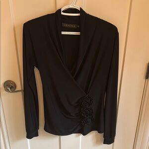 Lavena Black Faux Wrap Top with Rosettes & Long Sleeves, size S